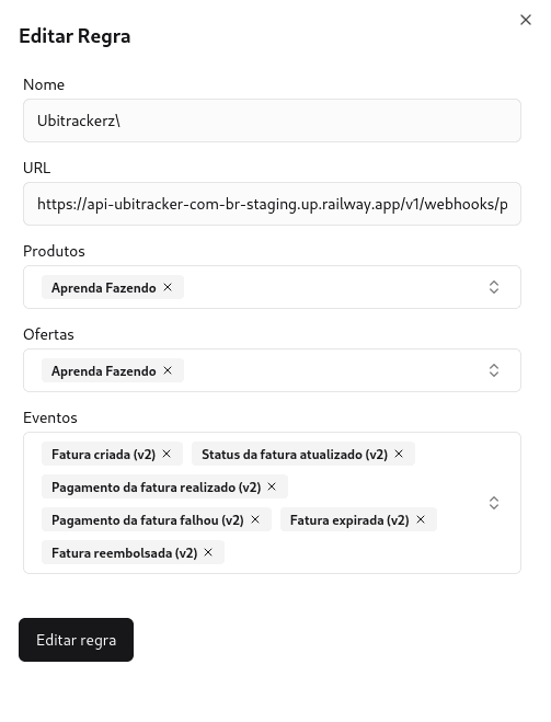 Tela da Hubla mostrando o formulário de 'Adicionar Regra' com os campos preenchidos e os eventos de fatura selecionados.