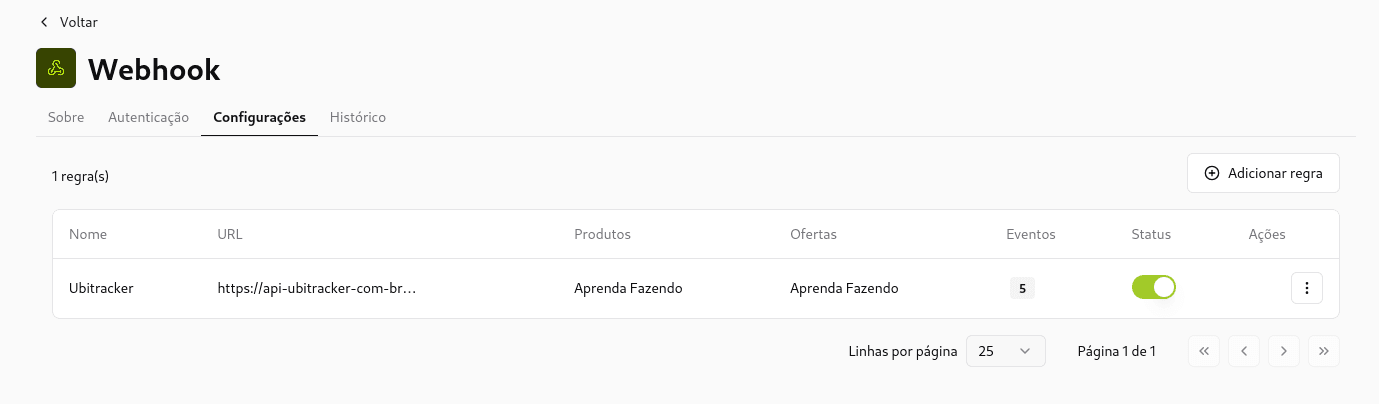 Tela da Hubla mostrando a aba 'Configurações' e o botão 'Adicionar Regra'.
