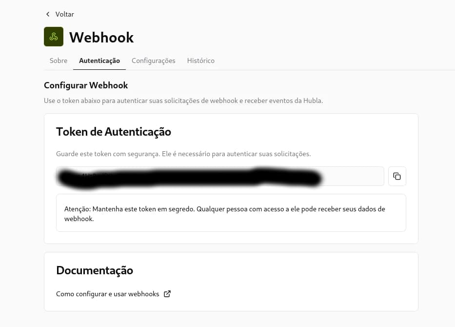Tela da Hubla mostrando a aba 'Autenticação' e onde copiar a chave.