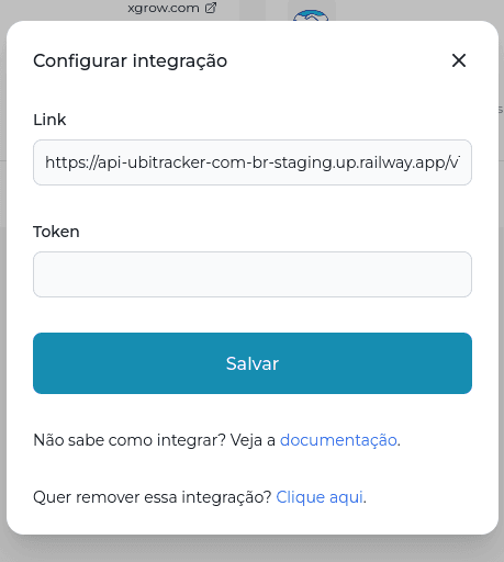 Tela da Ubitracker mostrando onde copiar a URL de integração.